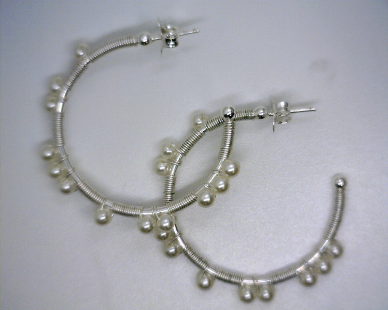 Silver Tone Wire Wrapped Pearl Earrings