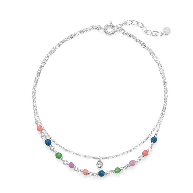 9"+1" Multi Color Jade and CZ Double Strand Anklet
