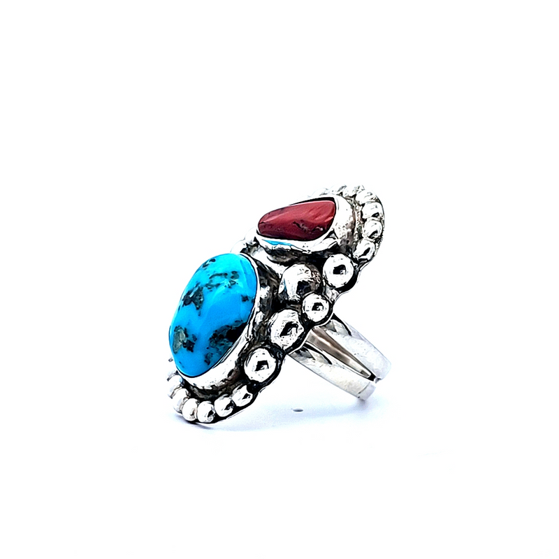 Sterling Silver Turquoise & Coral Ring Size 10.5