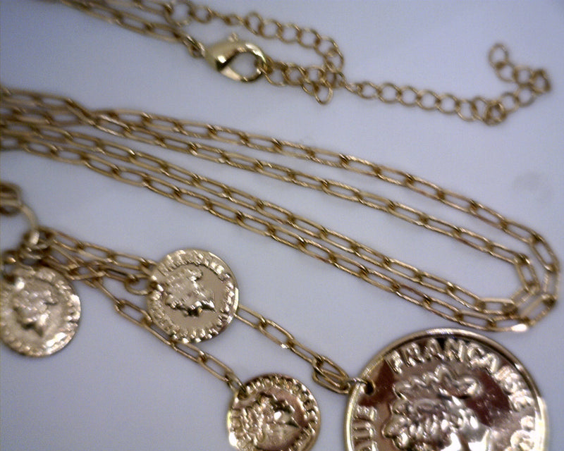 18K YGP Paperclip Necklace With Hanging Coin Charms 22-26"