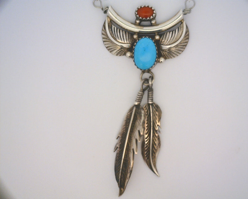 Sterling Silver Coral & Turquoise Native American Necklace